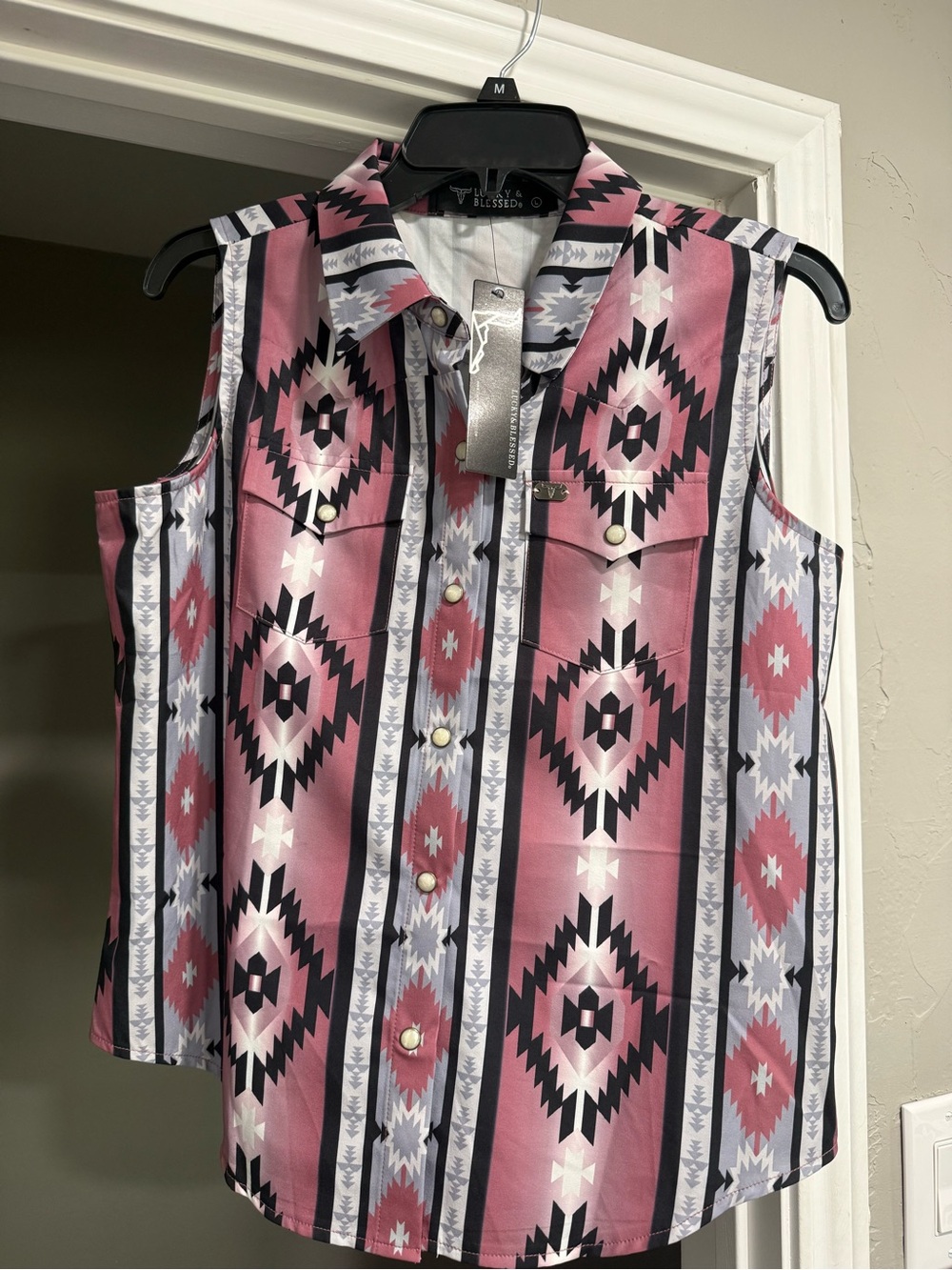 Pink Aztec-Print Sleeveless Button-Up Shirt